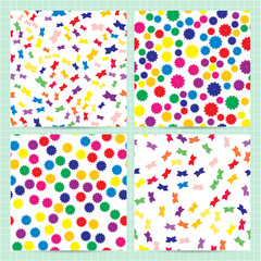 Wall Mural - Set of square cards with seamless patterns with random abstract colorful elements. Bright colors background. Vector business templates for flyer, card, brochure, cover, textile.