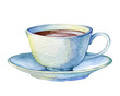 Hand drawn watercolor illustration of vintage porcelain teacup on a white background