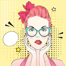 Pop Art Surprised Woman With Pink Hair And Cat's Eye Blue Glasses Think About Something. Comic Woman With Speech Bubble. Vector Illustration.