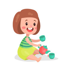 Wall Mural - Sweet little girl sitting on the floor playing with toy cups and teapot cartoon vector Illustration