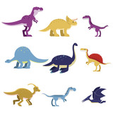 Fototapeta Dinusie - Cartoon dinosaur animals set, cute prehistoric and jurassic monster colorful vector Illustrations