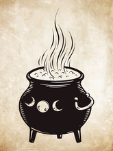 Boiling Magic Cauldron Vector Illustration. Hand Drawn Wiccan Design, Astrology, Alchemy, Magic Symbol Or Halloween Design