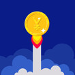 © Sunflower - Chinese yuan or Japanese yen coin rocket starting. Startup success, fast growing income. Business finance and economy concept. Cartoon vector illustration isolated on blue background