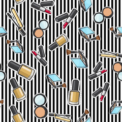 Wall Mural - Seamless Pattern. Nail Polish. Powder. Lipstick.