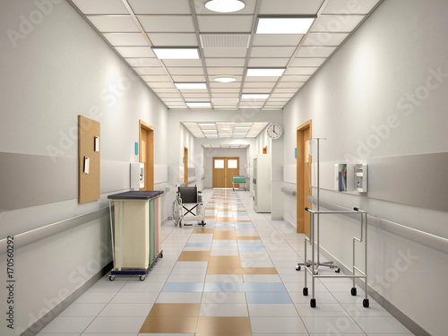 Plakat Wnętrze szpitala korytarz. 3d ilustracja