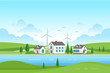 Housing estate with windmills by the river - modern vector illustration