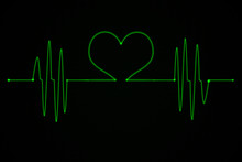 Green Heart Pulse On Black Background, Electrocardiogram,creative Idea Concept