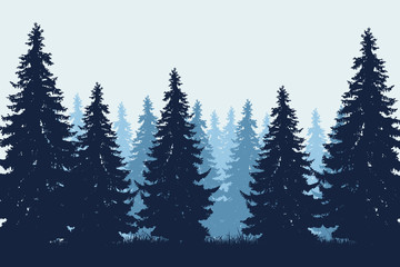 Wall Mural - Vector realistic illustration of coniferous forest with grass under winter blue sky