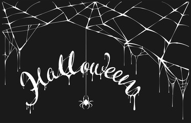 Wall Mural - white spider and white spiderweb on black background. halloween lettering text for greeting card