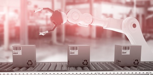 Poster - Composite image of packed courier on conveyor belt