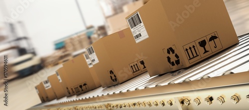 Fotografía Composite image of packed courier on production line