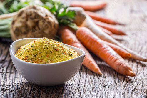 Vegeta seasoning spices condiment with dehydrated carrot parsley celery parsnips Poster