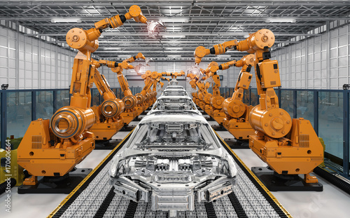 Plakat linia montażowa robota w fabryce samochodów