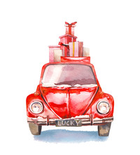 Christmas Eve Vintage Illustration. Watercolor Retro Car With Gift Boxes On Top. Isolated Winter Holiday Object On White Background