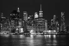 Black And White Picture Of Manhattan Skyline At Night, New York City, USA.