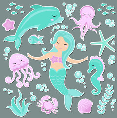 Wall Mural - Cute trendy set of stickers emoji, patches badges Little Mermaid and the underwater world. Fairytale princess mermaid and dolphin, octopus, fish, jellyfish. Vector illustration