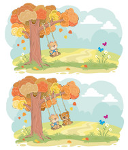 Cute Teddy Bears Children Swinging On Tree Swing On Meadow Cartoon Vector Set. Autumn Romance, Boy And Girl Friendship, Tender Romantic Feeling Concept For Greeting Card Design, Kids Book Illustration