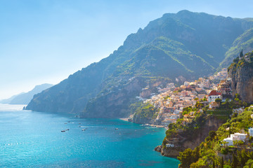 Wall Mural - Morning view of Positano cityscape on coast line of mediterranean sea, Italy