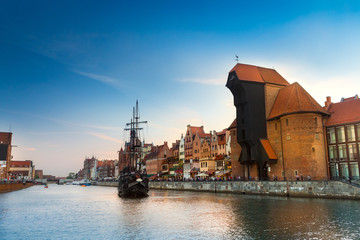 Harbor at Motlawa river with old town of Gdansk in Poland.