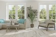 © AntonSh - Idea of white room with sofa and summer landscape in window. Scandinavian interior design. 3D illustration