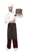 Young male chef with chalkboard isolated on white