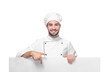 Young male chef with poster isolated on white