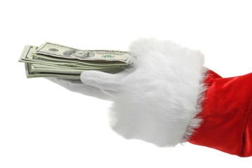 Santa Claus holding money on white background