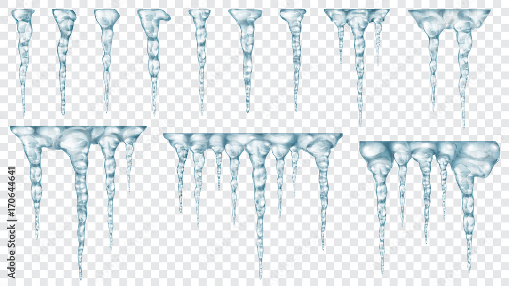Set of translucent icicles. Transparency only in vector file - obrazy, fototapety, plakaty 