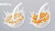 Rolled oats and milk splashes. Corn flakes. 3d realistic vector icon set