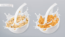 Rolled Oats And Milk Splashes. Corn Flakes. 3d Realistic Vector Icon Set