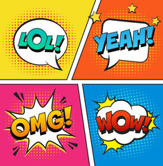 Wall Mural - stylish retro comic speech bubbles set on colorful halftone background. expression text lol, omg, wo