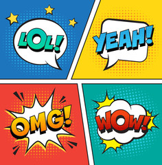 Wall Mural - retro comic speech bubbles set on colorful background. expression text lol, omg, wow, yeah. vector i