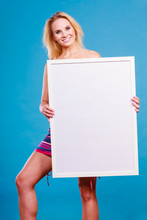 Happy Positive Blonde Woman Holding Blank White Board
