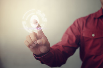 Leinwandbilder - Fingerprint scan provides security access with biometrics identification; person touching; virtual; screen with finger in background