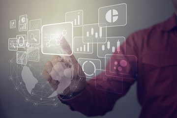 Leinwandbilder - Big data analytics and business intelligence (BI) concept with chart and graph icons on a digital screen interface and a businessman in background
