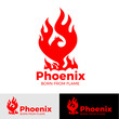 Phoenix logo creative logo of mythological bird Fenix, a unique bird - a flame born from  ashes. Silhouette of a fire bird. Logo template in form of fire and bird coming out of flame and sparks.