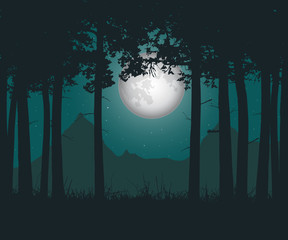 Poster - Vector illustration of a haunting forest with grass under a green night sky with moon and stars