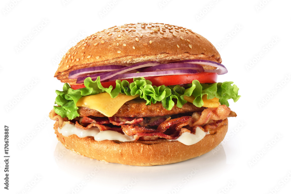 Home made hamburger with lettuce, cheese and bacon isolated on white background. - obrazy, fototapety, plakaty 