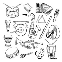 Hand drawn vector illustration. Saxophone, maracas, accordion, flute, percussion, drum and other.