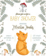 Baby shower invitation with fox, mushrooms, flowers, leaves and fern. Cute cartoon character. Hand drawn vector illustration in watercolor style