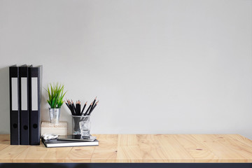 Canvas Print - work space mock up white tabletop with files, pencils and houseplant. wood desk with copy space for 
