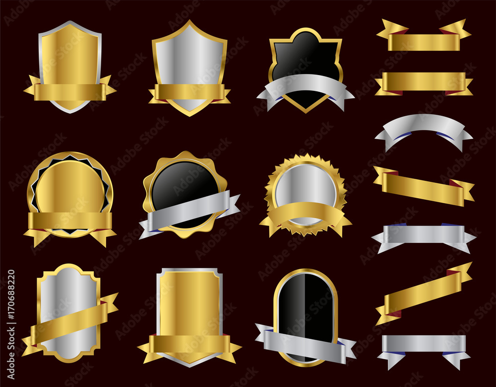 Set of Vector Golden Badge with ribbon on Black background, Retro ...