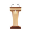 Realistic Wooden Tribune Isolated Vector. With Two Microphones. Wooden Classic Podium Stand Rostrum. Illustration