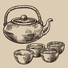 Japanese Tea Kettle And Bowls Engraved. Asian Cups For Tea In The Sketch Style. Vector Illustration.