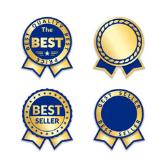 Wall Mural - Ribbon awards best seller label set. Gold ribbon award icons isolated white background. Best quality golden design for badge, medal, best price, certificate guarantee product Vector illustration