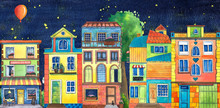 Night Watercolor Street With Cafe, Houses, Flowers Shop, And Cats. Hand Drawn Illustration.