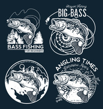 Bass Fishing Emblem On Black Background. Vector Illustration.