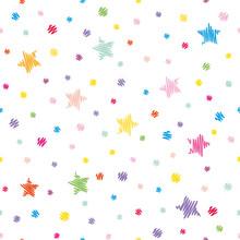 Festive Seamless Pattern Background. Colorful Polka Dots And Stars Isolated On White.