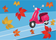 Autumn Banner. Scooter Pink, Road, Falling Autumn Colored Leaves, Blue Decorative Background, Art, Creative, Modern Illustration, Vector.Travel Poster.