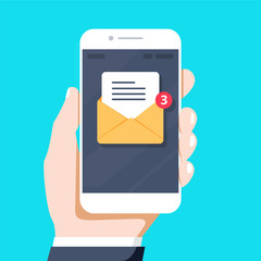 Flash Design style hand holding the smartphone with e-mail application on screen ,vector design